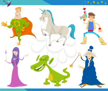 Cartoon Illustrations of Funny Fantasy Characters Set