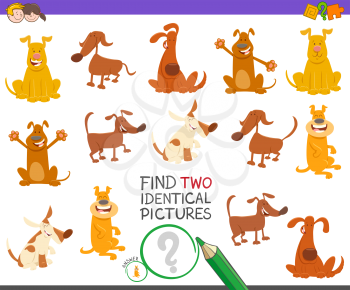 Cartoon Illustration of Finding Two Identical Pictures Educational Game for Children with Happy Dog Characters