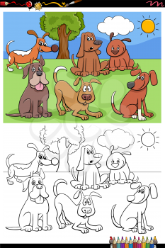 Cartoon Illustration of Funny Playful Dogs Pets Animal Characters Group Coloring Book Page