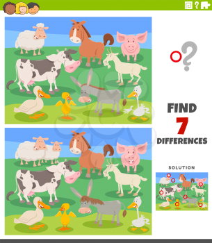 Cartoon Illustration of Finding Differences Between Pictures Educational Game for Kids with Funny Farm Animal Characters Group