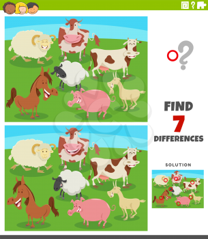 Cartoon Illustration of Finding Differences Between Pictures Educational Game for Children with Funny Farm Animal Characters Group