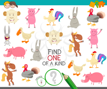 Cartoon Illustration of Find One of a Kind Picture Educational Activity Game with Cute Farm Animal Characters
