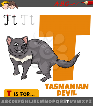 Educational cartoon illustration of letter T from alphabet with tasmanian devil animal character for children 