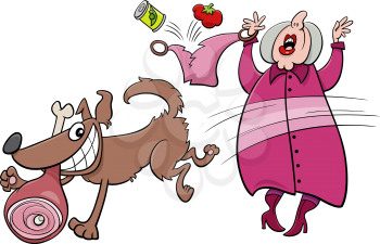 Cartoon illustration of funny naughty dog stealing ham from an old lady