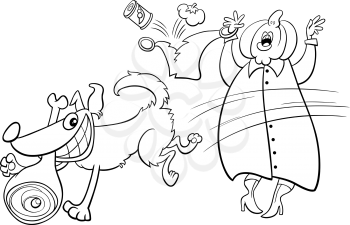 Black and white cartoon illustration of funny naughty dog stealing ham from an old lady coloring book page
