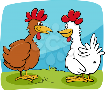 Cartoon illustration of two hens farm birds characters talking