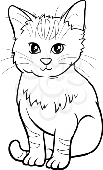 Black and white cartoon illustration of cute gray kitten comic animal character coloring book page
