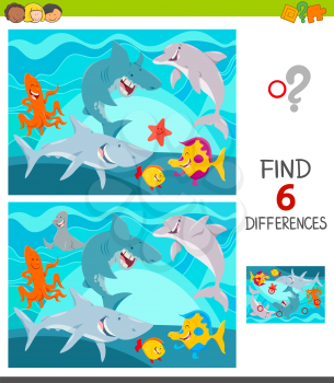 Cartoon Illustration of Finding Six Differences Between Pictures Educational Game for Children with Funny Sea Animal Characters