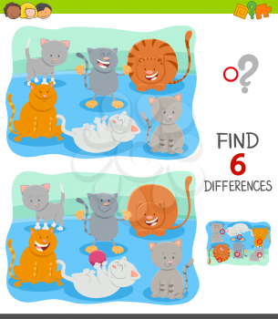 Cartoon Illustration of Finding Six Differences Between Pictures Educational Game for Children with Happy Cats