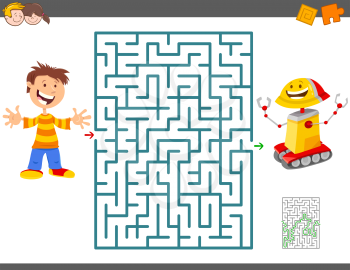 Cartoon Illustration of Education Maze Activity Game for Children with Boy and his Toy Robot