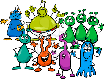 Cartoon Illustration of Happy Aliens Fantasy Characters Group