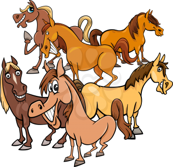 Cartoon Illustration of Funny Horses Farm Animal Characters Group