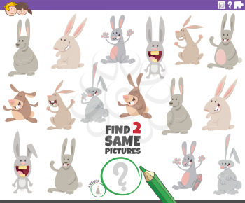 Cartoon Illustration of Finding Two Same Pictures Educational Task for Children with Funny Rabbits Wild Animal Characters