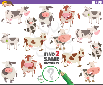 Cartoon Illustration of Finding Two Same Pictures Educational Task for Children with Funny Cows Farm Animal Characters