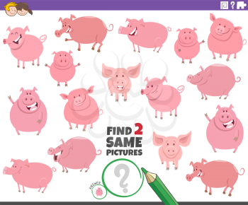 Cartoon Illustration of Finding Two Same Pictures Educational Task for Children with Funny Pigs Farm Animal Characters