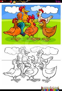 Cartoon Illustration of Funny Hens and Roosters Animal Characters Coloring Book Activity