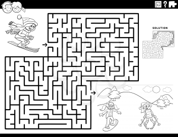 Black and White Cartoon Illustration of Educational Maze Puzzle Game for Children with Skiing Girls Coloring Book Page