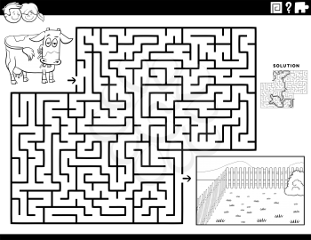 Black and White Cartoon Illustration of Educational Maze Puzzle Game for Children with Cow and Pasture Coloring Book Page