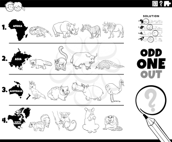 Black and White Cartoon Illustration of Odd One Oute Picture in a Row Educational Game for Elementary Age or Preschool Children with Animals from different Continents Coloring Book Page