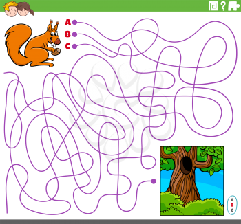 Cartoon Illustration of Lines Maze Puzzle Game with Squirrel Animal Character and Hollow