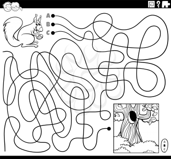 Black and White Cartoon Illustration of Lines Maze Puzzle Game with Squirrel Animal Character and Hollow Coloring Book Page