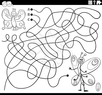 Black and White Cartoon Illustration of Lines Maze Puzzle Game with Butterfly Characters Coloring Book Page