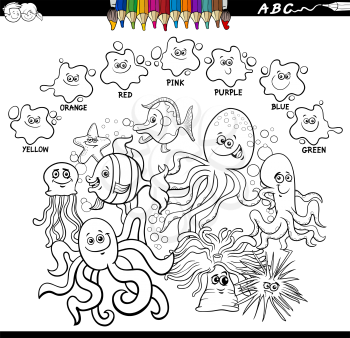 Black and White Cartoon Illustration of Basic Colors Educational Worksheet with Funny Sea Life Animals Characters Group Coloring Book Page