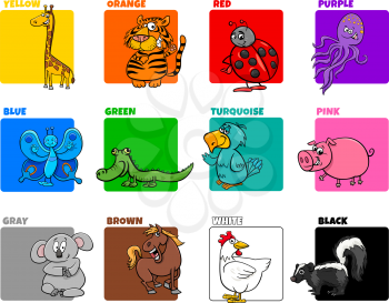 Cartoon Illustration of Basic Colors with Funny Animal Characters Educational Set for Children