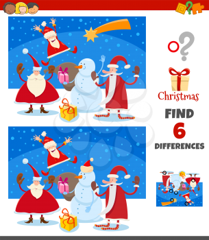 Cartoon Illustration of Finding Differences Between Pictures Educational Game for Children with Happy Santa Claus Christmas Characters