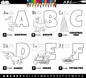 Black and white cartoon illustration of capital letters from alphabet educational set for reading and writing practise for children from A to F coloring book page
