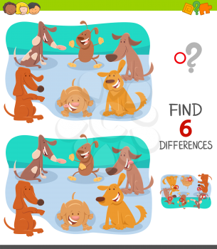Cartoon Illustration of Finding Six Differences Between Pictures Educational Game for Children with Happy Dogs Group