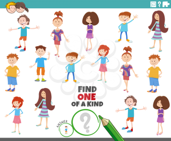 Cartoon Illustration of Find One of a Kind Picture Educational Game with Kids and Teenager Characters