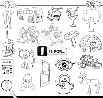 Black and White Cartoon Illustration of Finding Picture Starting with Letter I Educational Task Worksheet for Children with Objects and Characters Coloring Book Page