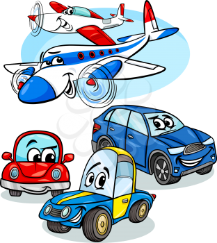 Cartoon Illustration of Funny Cars and Planes Vehicles Comic Characters Group