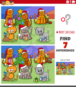 Cartoon Illustration of Finding Differences Between Pictures Educational Game for Children with Comic Cats Group on Christmas Time