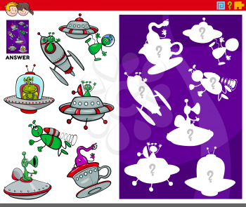 Cartoon Illustration of Match Objects and the Right Shape or Silhouette with Ufo and Alien Characters Educational Game for Children