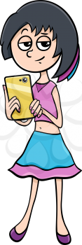 Cartoon Illustration of Pretty Elementary or Teen age Girl Comic Character with Smart Phone