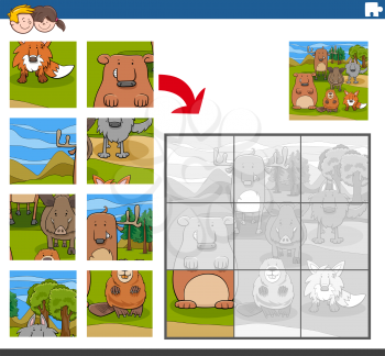 Cartoon illustration of educational jigsaw puzzle game for children with funny animal characters group