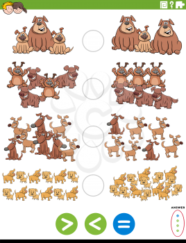 Cartoon Illustration of Educational Mathematical Puzzle Task of Greater Than, Less Than or Equal to for Children with Dogs Animal Characters Worksheet Page