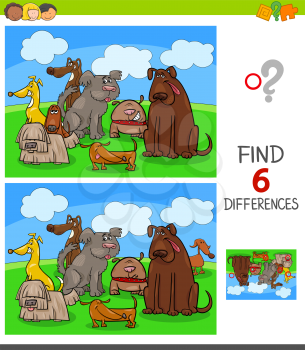 Cartoon Illustration of Finding Six Differences Between Pictures Educational Game for Children with Dogs Animal Characters