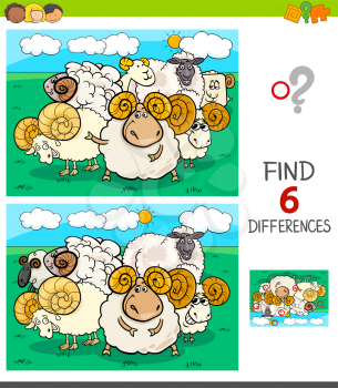 Cartoon Illustration of Finding Six Differences Between Pictures Educational Game for Children with Sheep and Rams Animal Characters