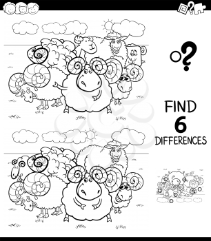 Black and White Cartoon Illustration of Finding Six Differences Between Pictures Educational Game for Children with Sheep and Rams Animal Characters Coloring Book