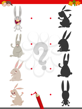 Cartoon Illustration of Join the Right Shadows with Pictures Educational Game for Children with Cute Rabbits Characters
