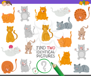 Cartoon Illustration of Finding Two Identical Pictures Educational Game for Children with Cute Cats and Kittens Animal Characters