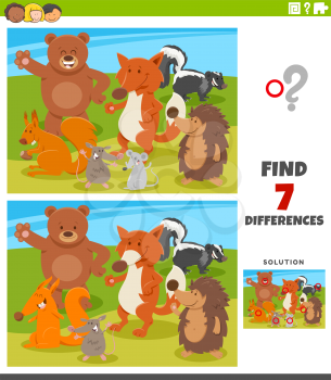 Cartoon Illustration of Finding Differences Between Pictures Educational Game for Children with Wild Animal Characters Group