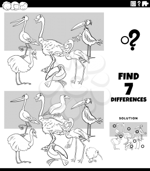 Black and White Cartoon Illustration of Finding Differences Between Pictures Educational Game for Kids with Birds Animal Characters Coloring Book Page