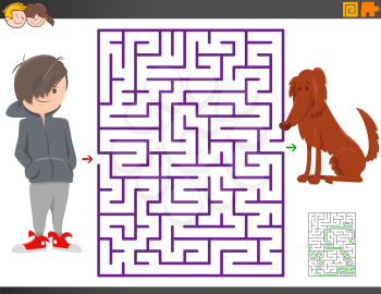 Cartoon Illustration of Educational Maze Activity Game for Children with Boy and Dog Animal Character