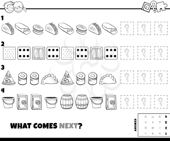 Black and White Cartoon Illustration of Completing the Pattern Educational Game for Kids with Food and Objects Coloring Book Page
