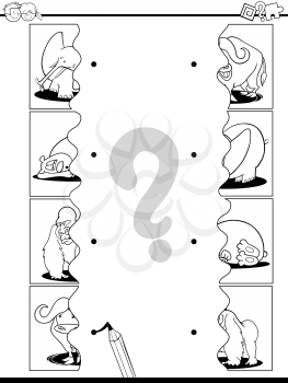 Black and White Cartoon Illustration of Educational Pictures Matching Game for Children with Jigsaw Puzzles of Animals Coloring Page
