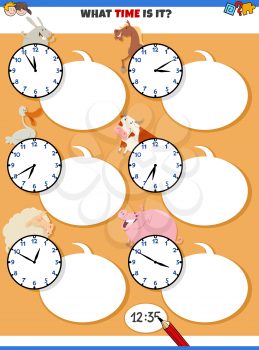 Cartoon illustrations of telling time educational task with clock faces and funny farm animal characters